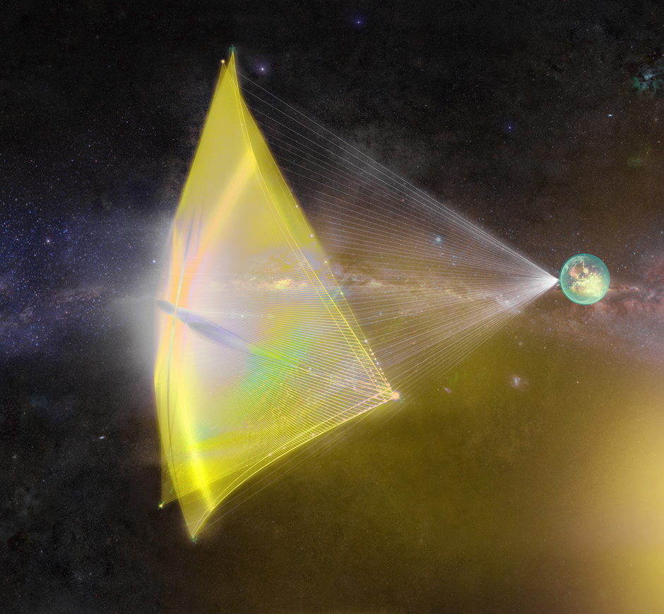 An artist’s impression of the Breakthrough Starshot light-sail space probe being accelerated away from Earth by the ground based high-power optical phased array. An artist’s impression of the Breakthrough Starshot light-sail space probe being accelerated away from Earth by the ground based high-power optical phased array.