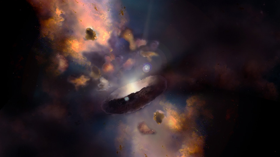 Artist's impression of quasar surrounded by a dusty donut shape(torus) and clumps called 'cloudes'. Photo credit: Nima Abkenar. Credit Alex Andrix Artist's impression of quasar surrounded by a dusty donut shape(torus) and clumps called 'cloudes'. Photo credit: Nima Abkenar. Credit Alex Andrix