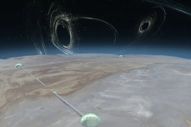 An artist's impression of how a 40 kilometre gravity wave observatory would look. In the sky above it are some of the black holes it might detect.CREDIT:MATTHEW EVANS / SUPPLIED An artist's impression of how a 40 kilometre gravity wave observatory would look. In the sky above it are some of the black holes it might detect.CREDIT:MATTHEW EVANS / SUPPLIED