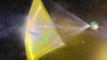 An artist’s impression of the Breakthrough Starshot light-sail space probe being accelerated away from Earth by the ground based high-power optical phased array.