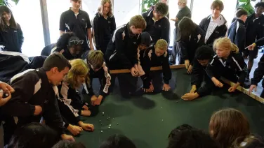 Primary school students experimenting with space-time simulator. Photo credit: Jesse Groch